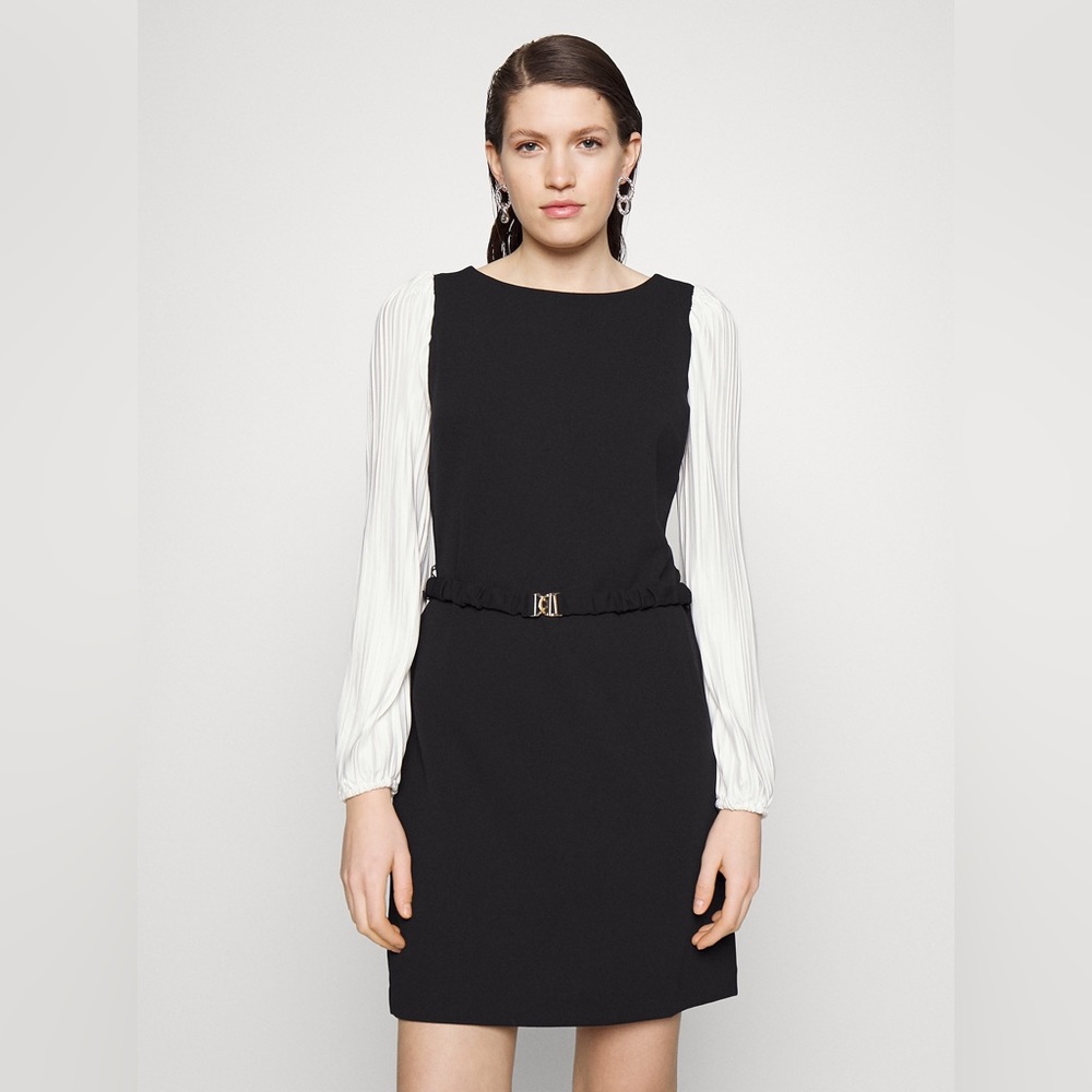 DKNY Black Dress with White Pleated Long Sleeves